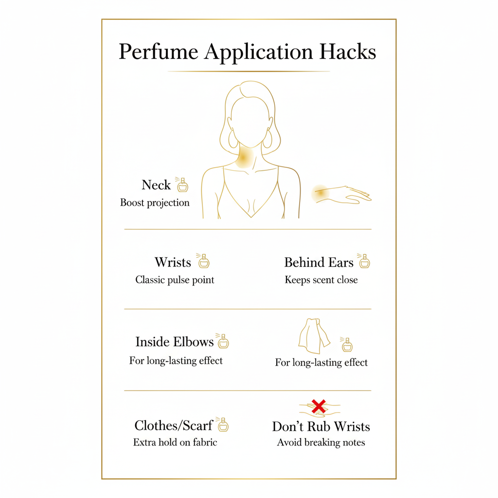 Luxury perfume application infographic by Xalvori showing female silhouette with gold highlights on key pulse points — neck, wrists, behind ears, elbows, and clothes — with tips for longer-lasting fragrance and elegant minimal design