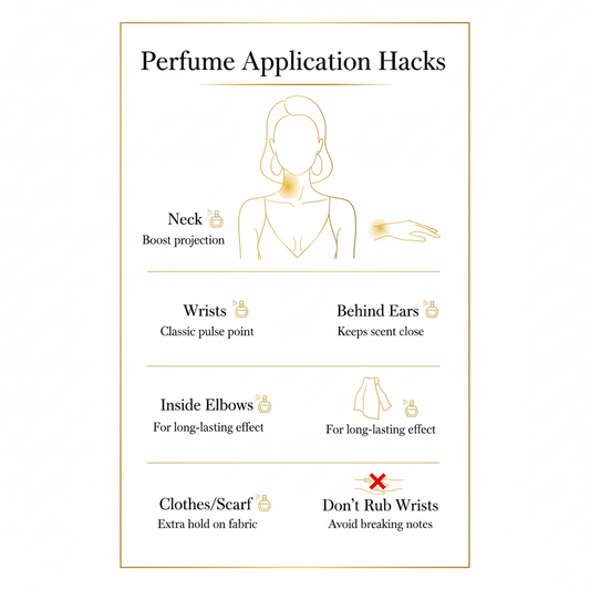 Luxury perfume application infographic by Xalvori showing female silhouette with gold highlights on key pulse points — neck, wrists, behind ears, elbows, and clothes — with tips for longer-lasting fragrance and elegant minimal design