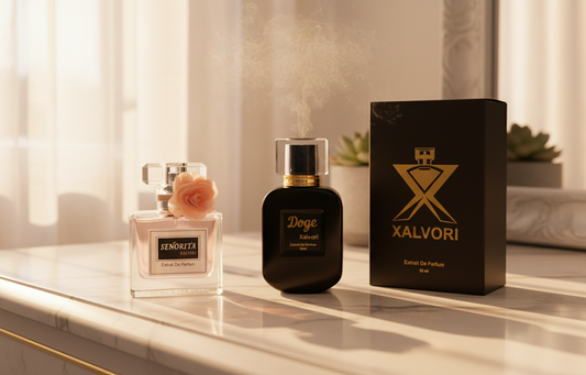 Xalvori perfumes Doge and Señorita bottles with luxury packaging on a marble vanity table – premium long-lasting fragrances for men and women.